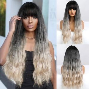 Human hair blend dark to platinum blonde wavy wig